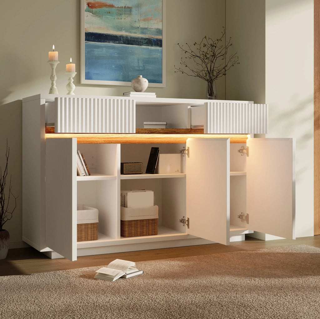 Credenza bianca con LED, 2 cassetti e ripiani regolabili