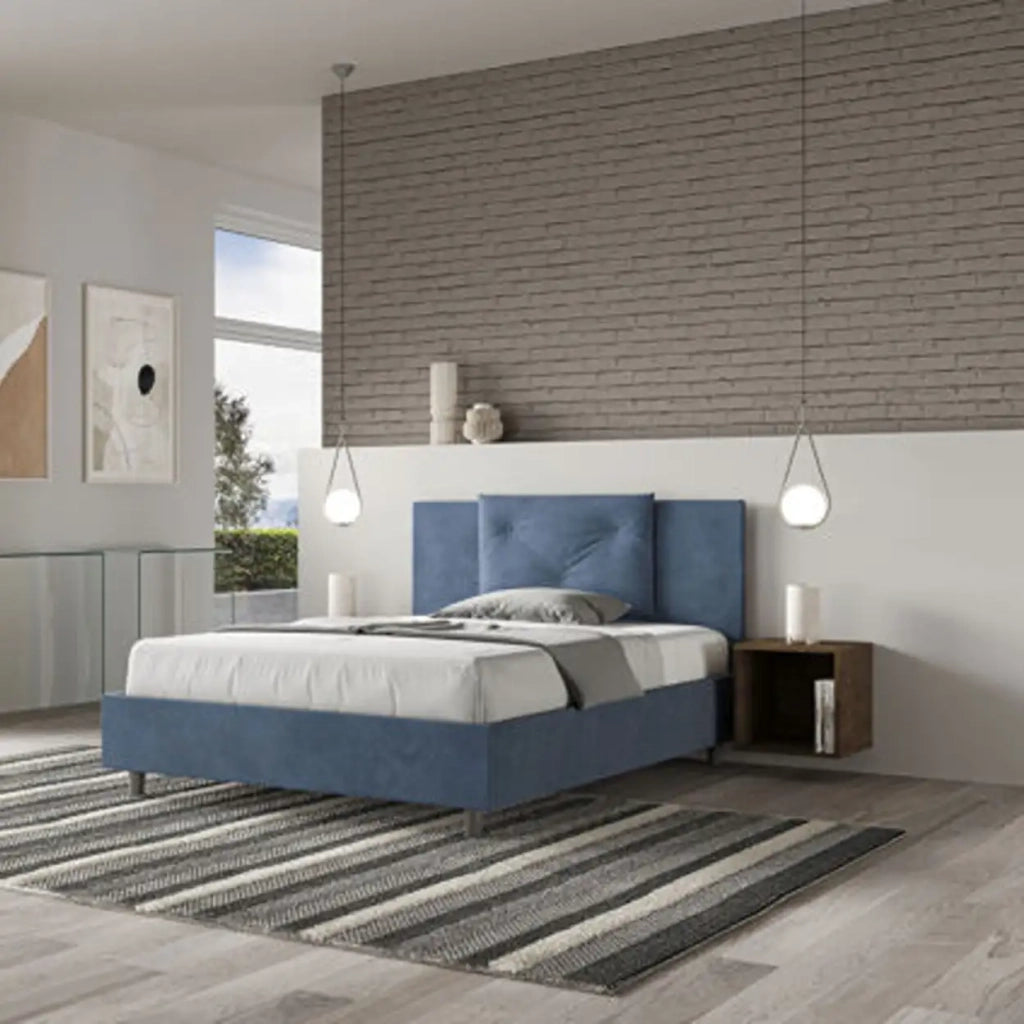 Letto matrimoniale francese con rete imbottito 140x210 microfibra blu Appia