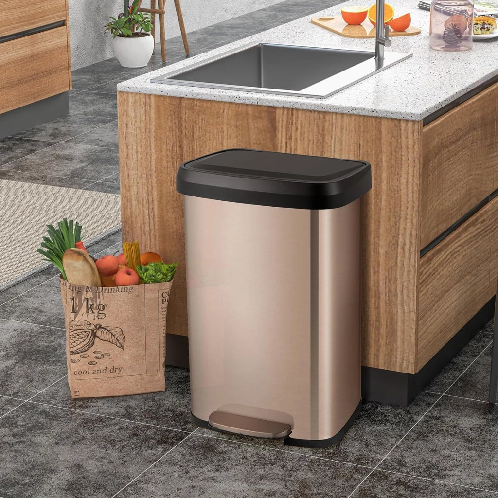 Pattumiera da Cucina da 50 L, con Coperchio e Pedale, in Acciaio Inox e Plastica, con Scomparto per Deodorazione, 41 x 39 x 61 cm (Rosa Dorato, 50L)