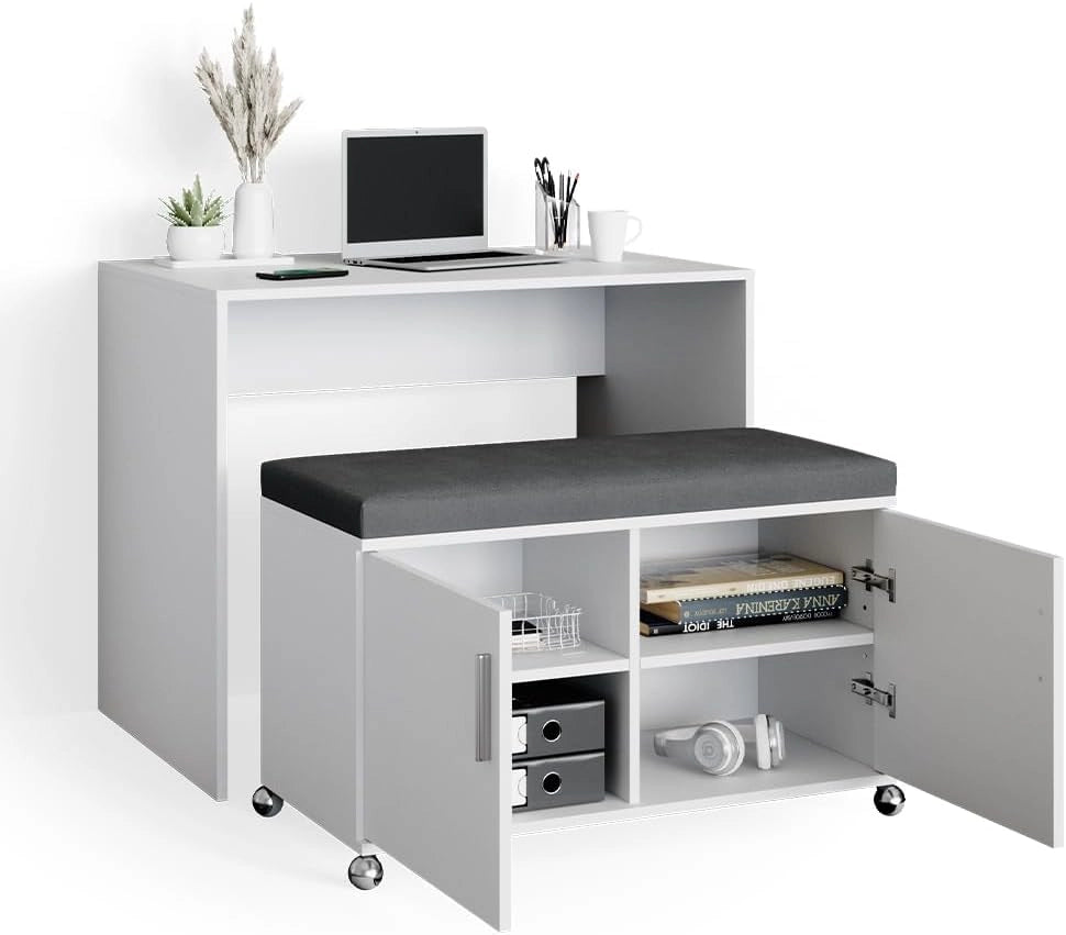 Scrivania con ruote Flona, Bianco, 93.2 cm, posizionabile in modo flessibile su ruote e allungabile