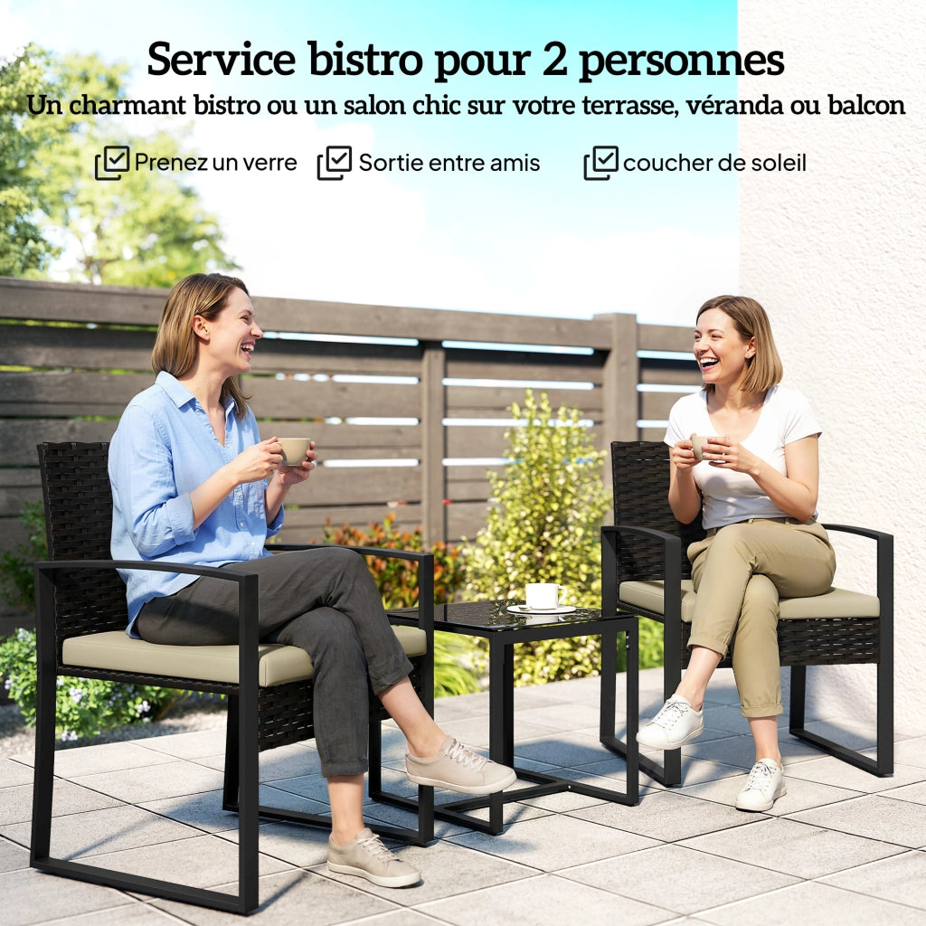 Set bistrot giardino 2 posti ¨C Xylo ¨C rattan intrecciato marrone con tavolo in vetro temperato