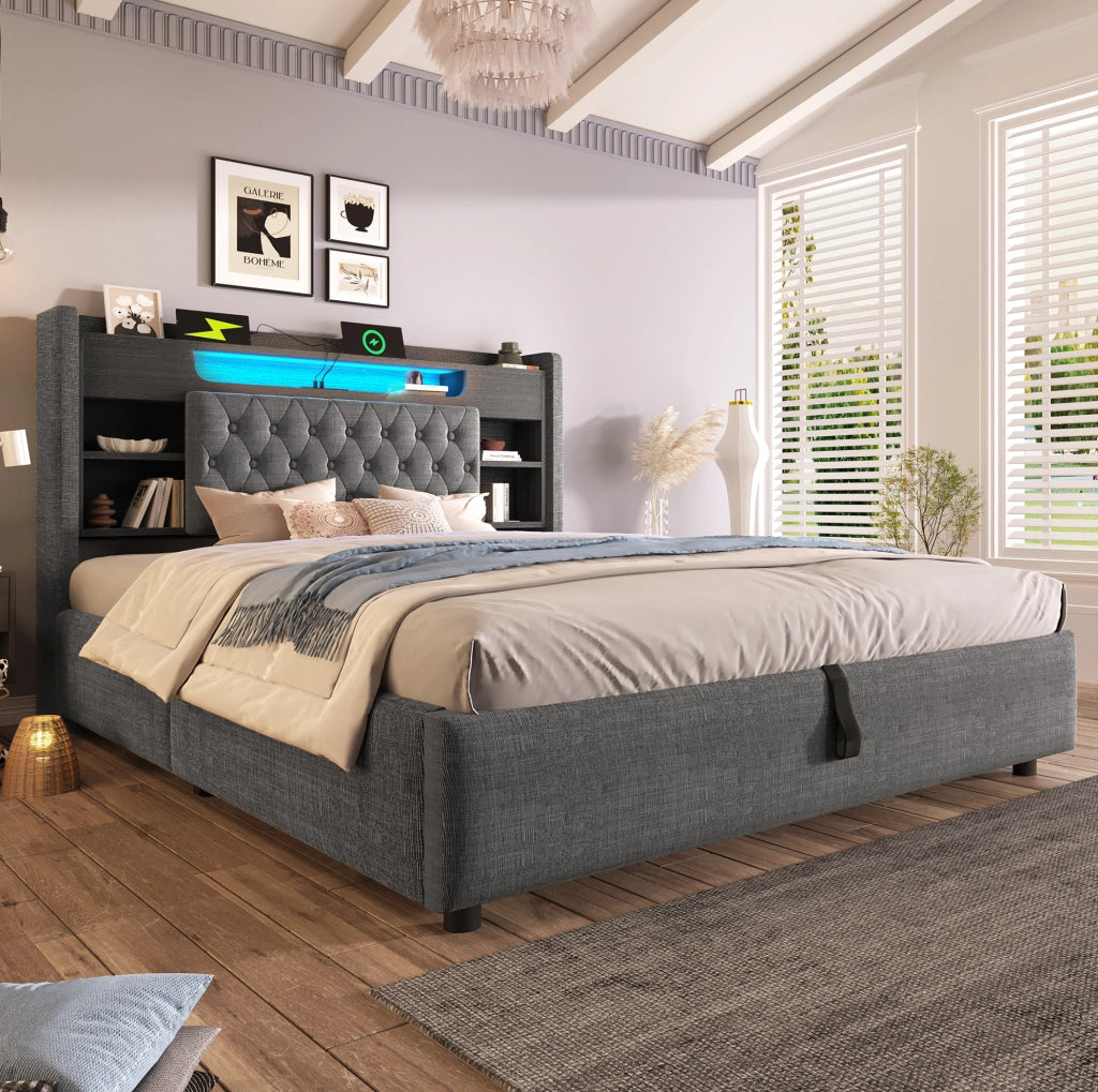 Letto matrimoniale 180x200 cm con contenitore idraulico; LED; USB e USB-C; in lino grigio