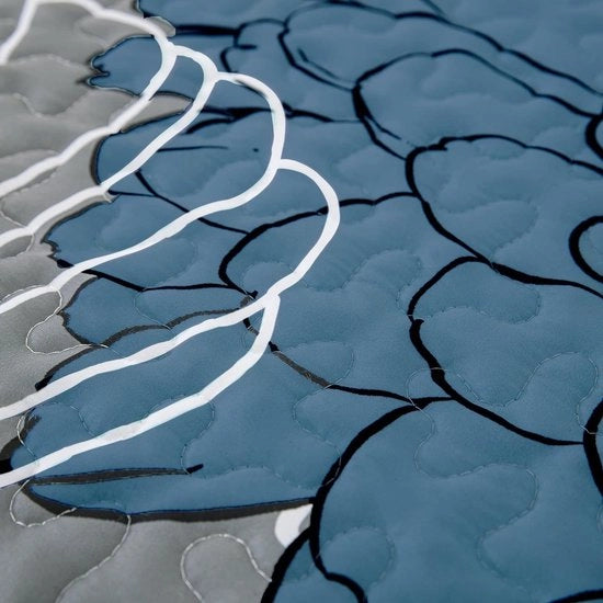Sprei, 240 x 260 cm, blu, fiori, spugna per letto, deken soffice per estate, deken imbottita per letto matrimoniale, microfibra, coperta con 2 cuscini con copri 48 x 75 cm