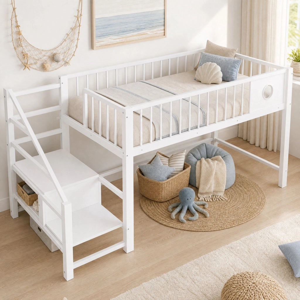 Letto a soppalco basso per bambini 90x200 cm in metallo bianco