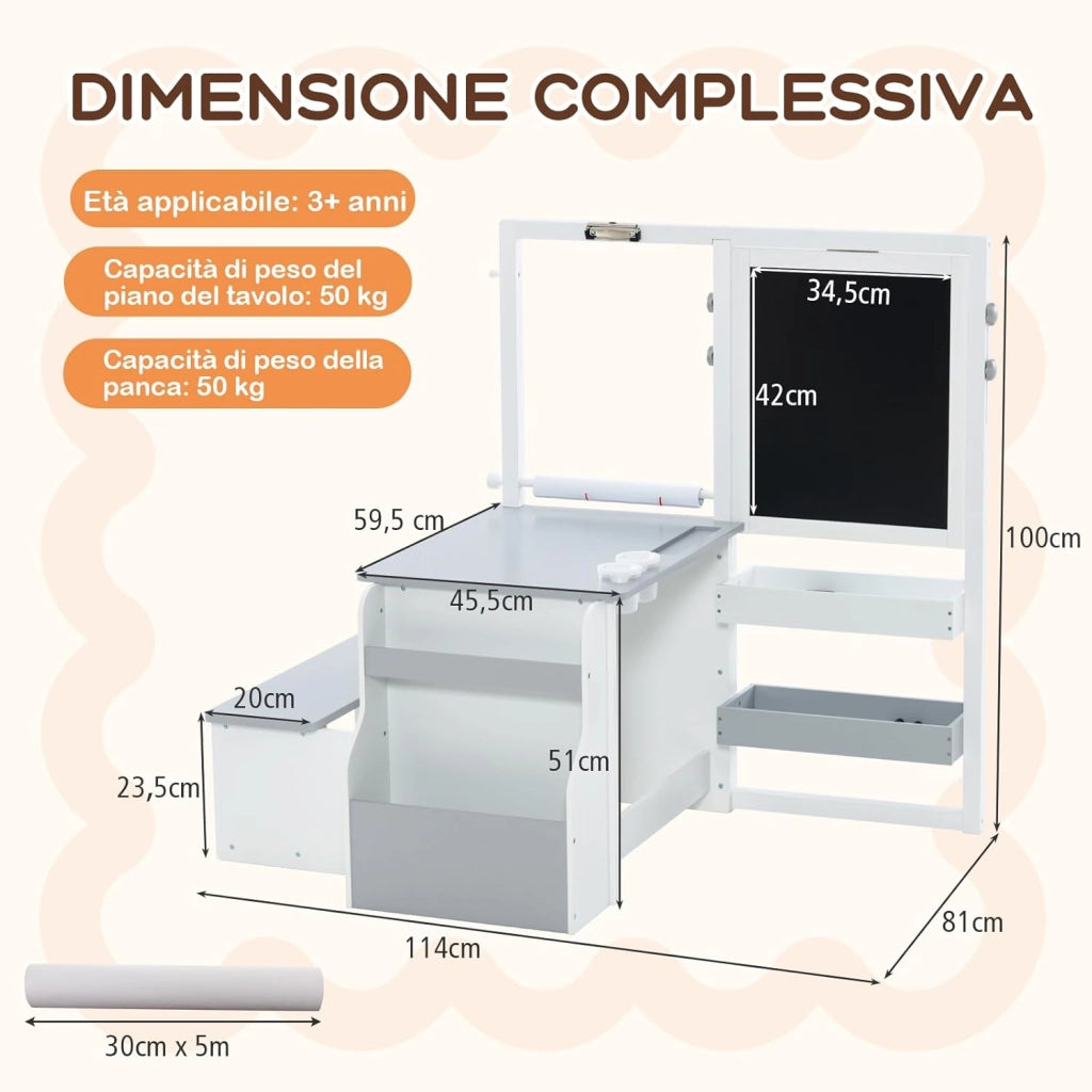 Set 3 in 1 Tavolo e Sedie per Bambini 3+ Anni, Tavolo in Legno Sicuro con Lavagna Cancellabile, Magnetica, Cavalletto Regolabile, Libreria e Accessori Artistici, per Disegno (Bianco e Grigio)