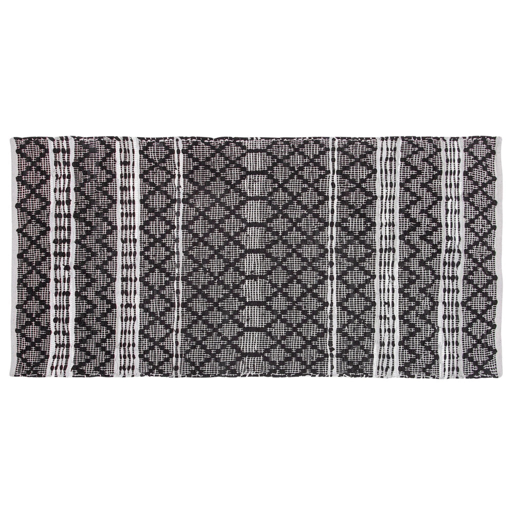 Tappeto tappetino Nero con Beige 80 x 150 cm Moderno Contemporaneo Telato a Mano in Vera Pelle Cotone Motivo Chevron