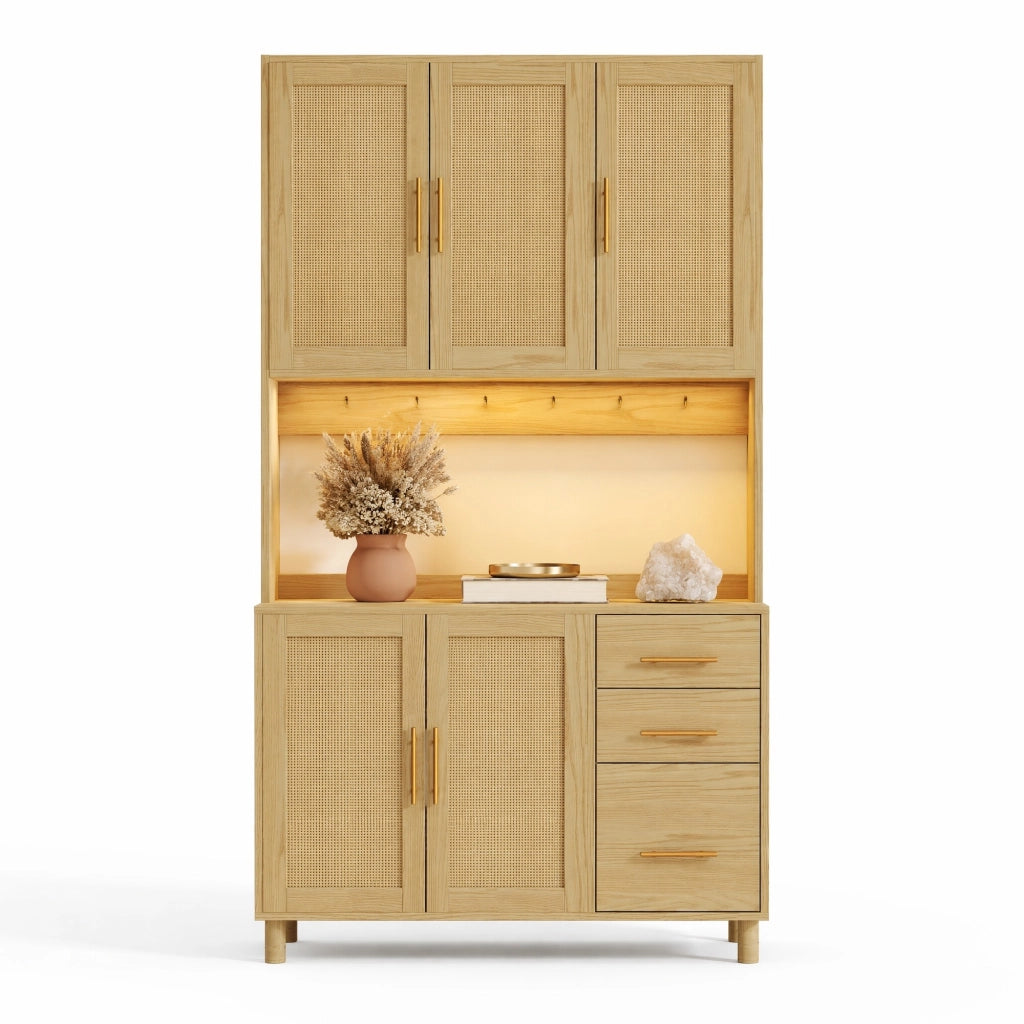 Credenza da cucina 183 cm con LED RGB, 2 prese e porta USB, ripiani regolabili e 3 cassetti