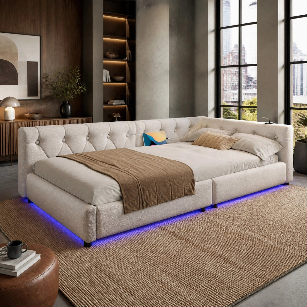 Letto daybed 90x200 cm in lino beige con rete a doghe, LED RGB, USB e Type-C, senza materasso