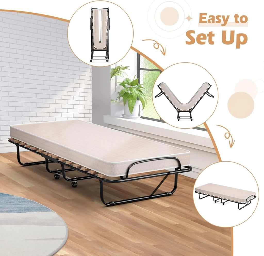 Letto Pieghevole, Singolo con 4 Ruote, 4 Gambe in Mettallo, Fibbia Fissata, 80 x 190 cm, Materasso di 10 cm, Ideale per Viaggio e di Riserva