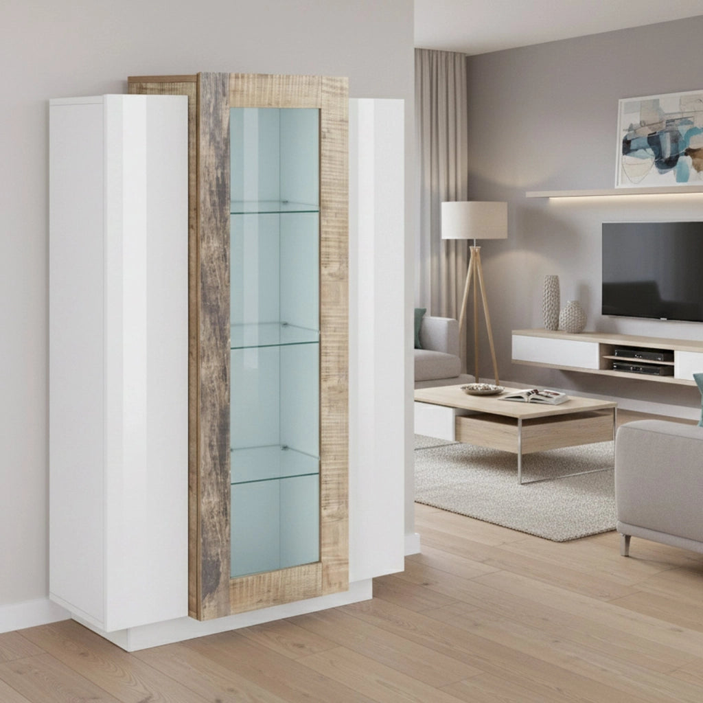 Vetrina moderna con anta a Ablaze, Made in Italy, Mobile vetrinetta da soggiorno, cm 80x38h121, Bianco lucido e Acero, con luce LED bianca
