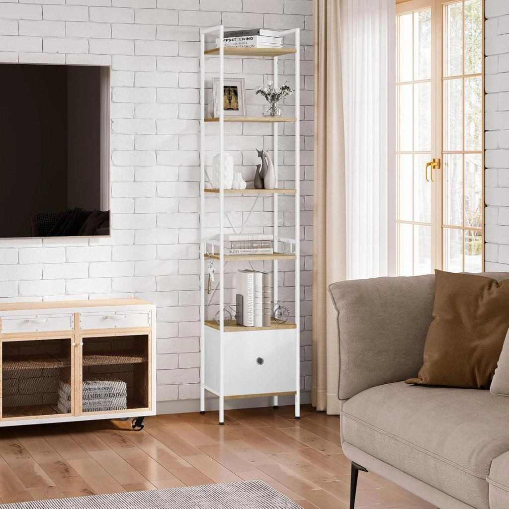 Libreria a 5 Piani, Scaffale ad Angolo Alto, Libreria Stretta con 1 Cassetto, Stile Moderno, Struttura in Acciaio, per Soggiorno, Ufficio, Studio, Camera da Letto, Rovere Chiaro+Bianco