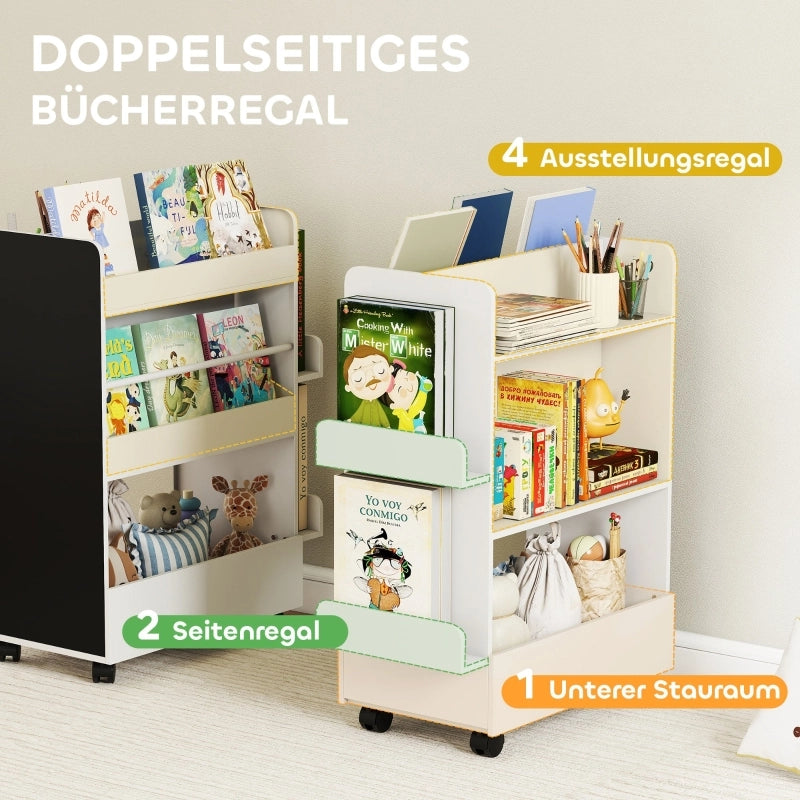 LIBRERIA PER BAMBINI 66,5x32,5x86,5 cm Bianca con ruote e lavagna