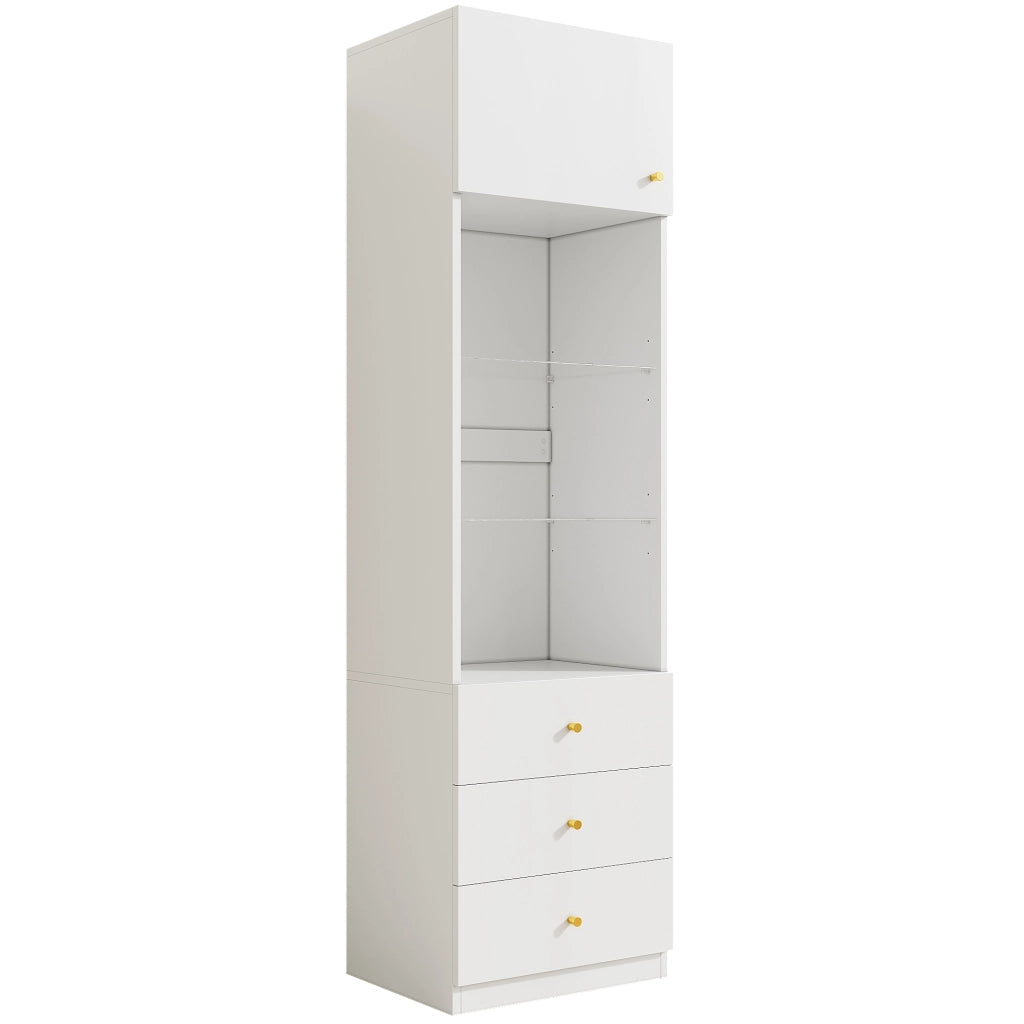 Vetrina alta con ripiani in vetro regolabili, 3 cassetti, struttura bianca 50×40×180 cm