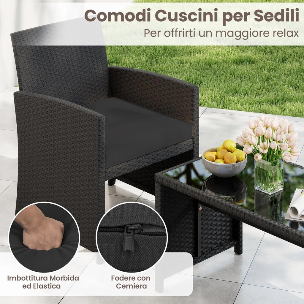 Set Salotto da Giardino 4 Pezzi, Divanetto e Poltrone in Rattan con Tavolino da Caffè in Vetro Temperato, Set di Mobili da Esterno Imbottiti per Cortile, Veranda e Bordo Piscina (Nero)