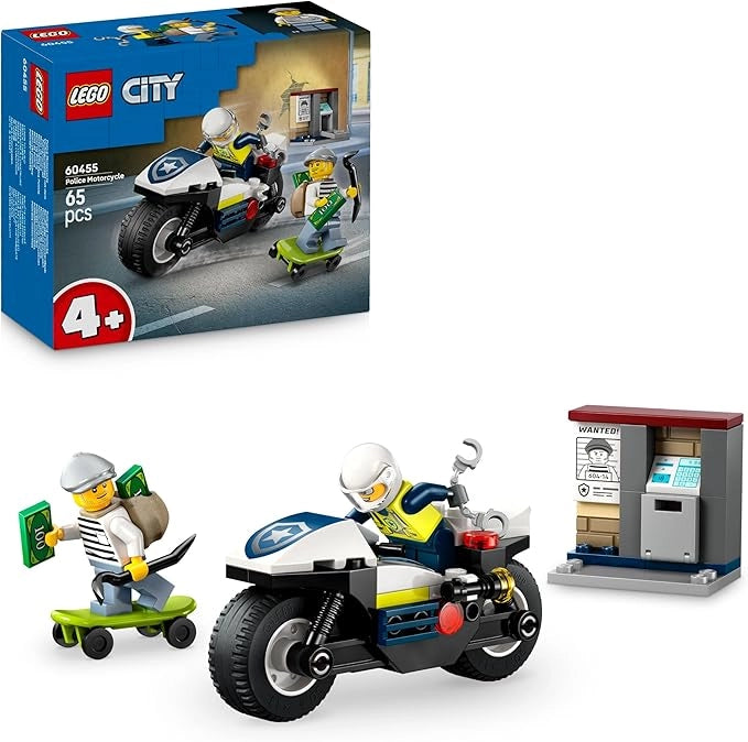 LEGO City Inseguimento della Moto della Polizia - Set con Motocicletta Giocattolo, 2 Minifigure, Mini-Bancomat e Skatebo