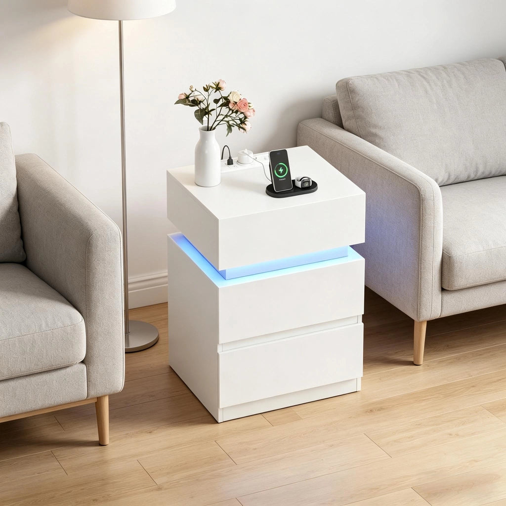 Comodino con LED, stazione di ricarica, 2 cassetti e vano a ribalta, per camera da letto, bianco 35 × 40 × 55 cm