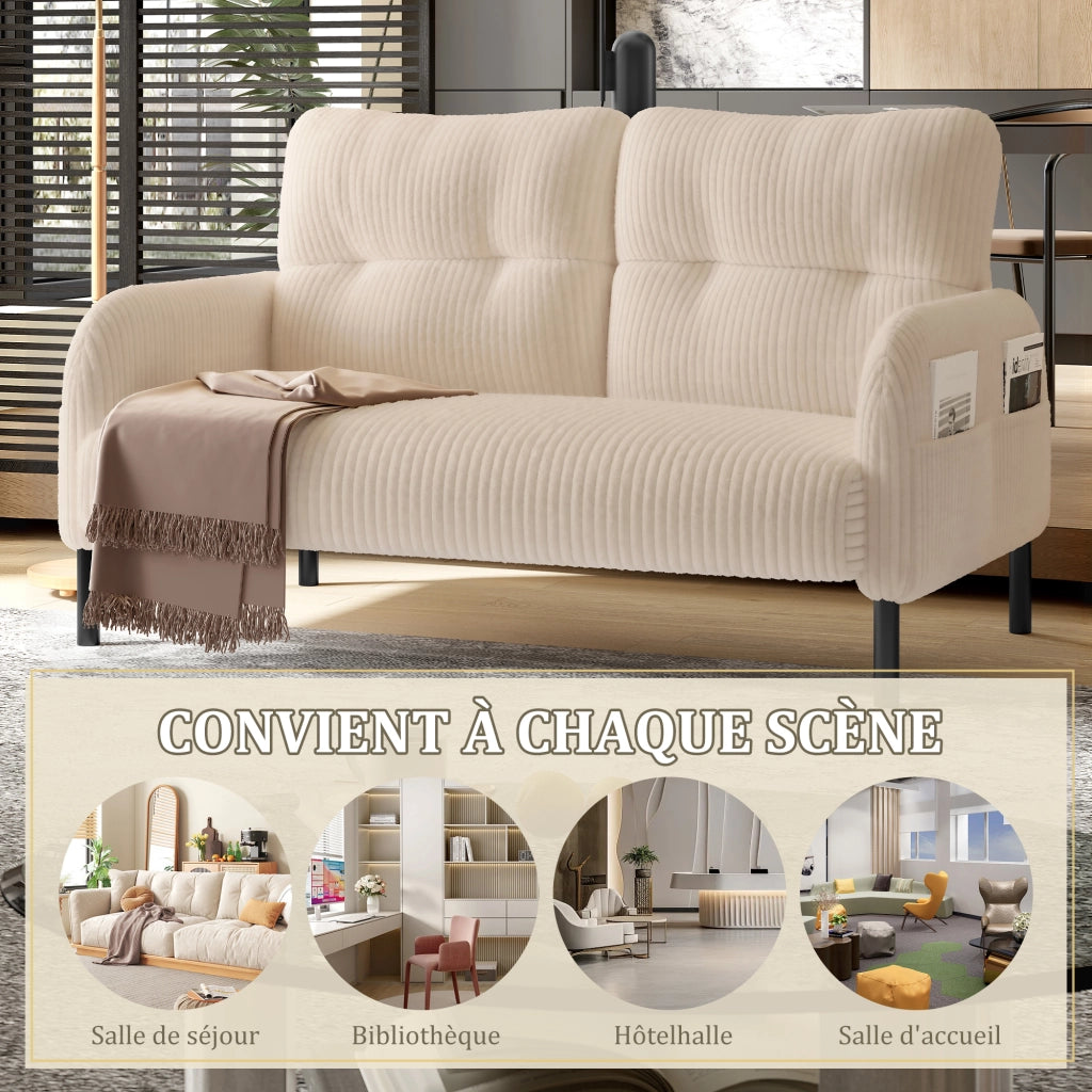 Divano 2 Posti con Schienale Ergonomico e Tasca Laterale, in Velluto a Coste Beige 120 × 75 × 79 cm