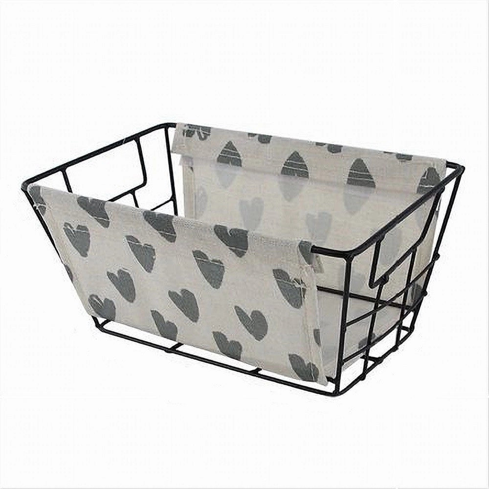Trade Shop - Cesto Portaoggetti In Ferro Tessuto Stampa A Cuori Grigi Manici 25x15x12cm 10616 -