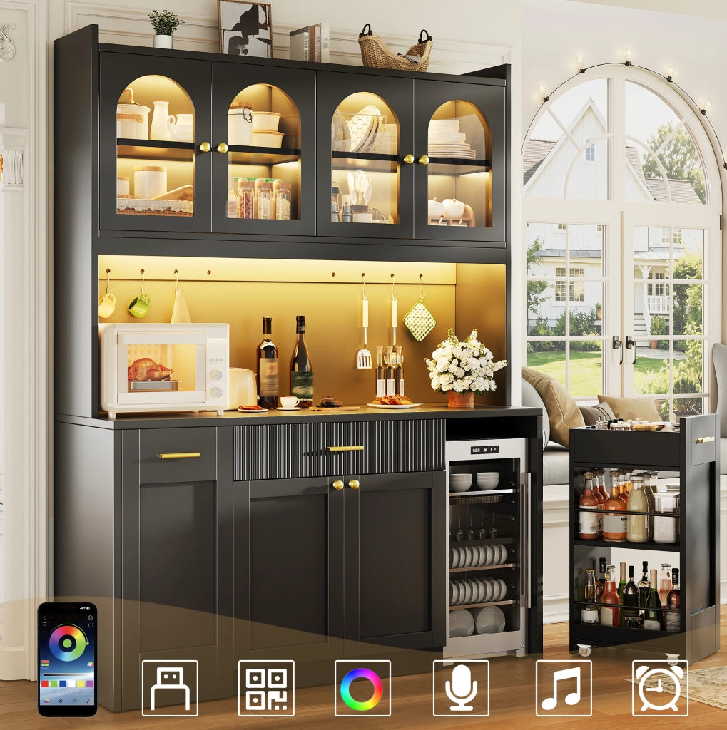 Colonna cucina 120 cm nera con LED RGB e ripiani estraibili