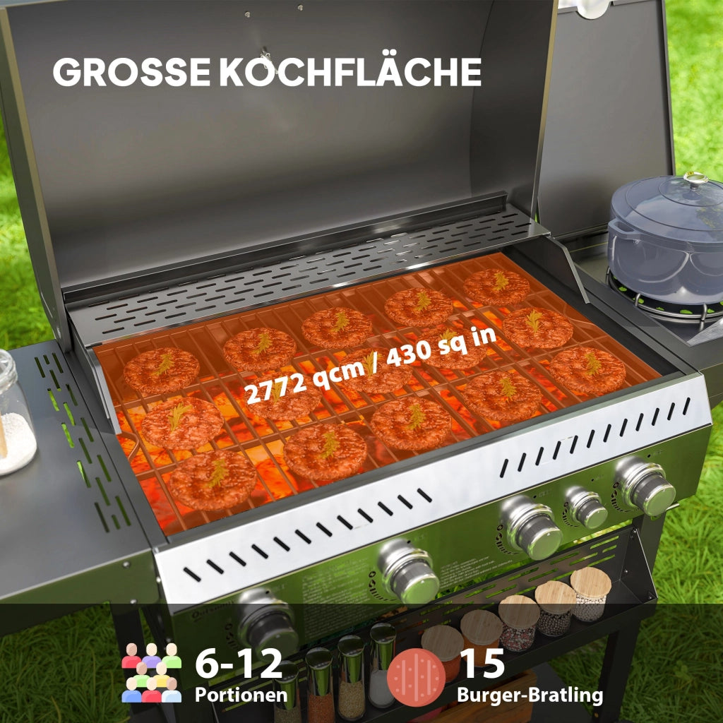 Barbecue a Gas 4 Bruciatori ¨C Xylo ¨C Nero, con Piastra, 135x55x103 cm