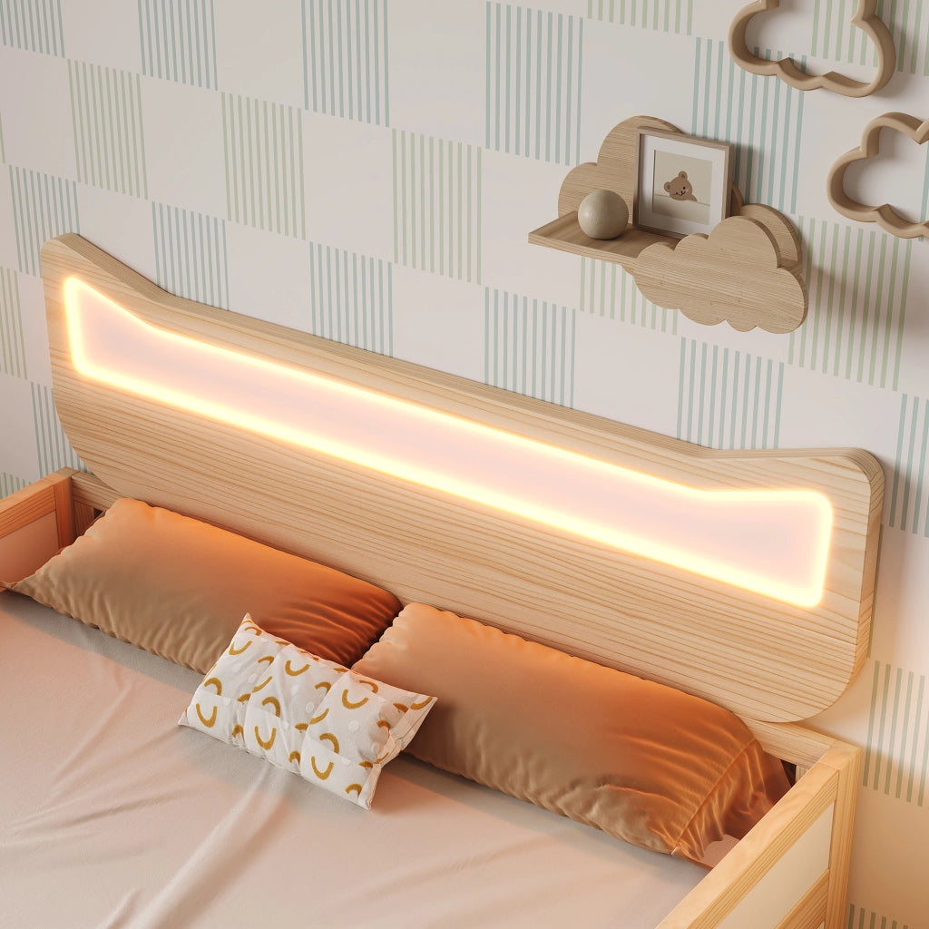 Letto per bambini 90 × 190 cm con testiera a gatto, LED RGB, cassetto e vano contenitore, senza materasso