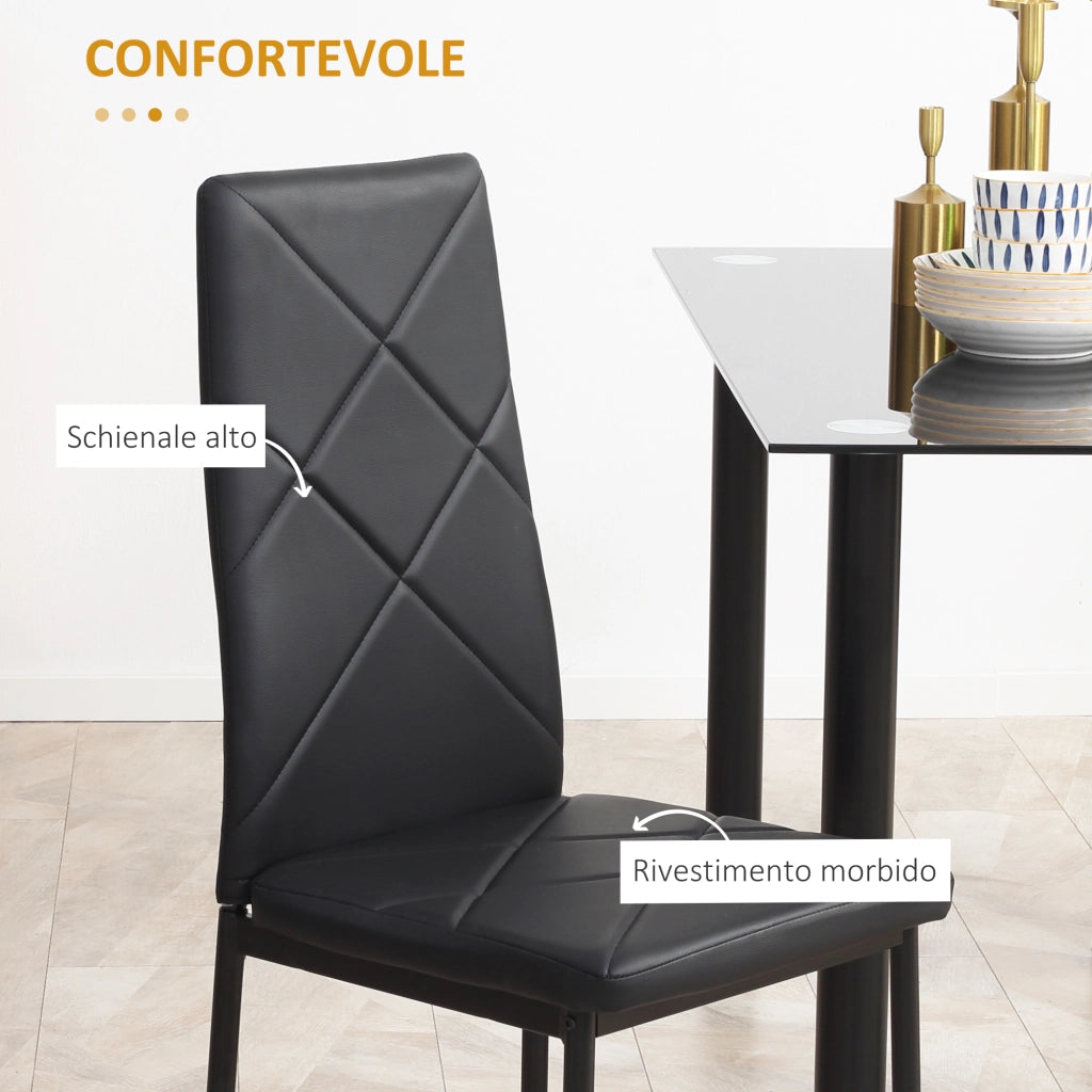 EasyComfort Set di 4 Sedie da Pranzo con Schienale Alto in Finta Pelle e Acciaio, 41x50x97cm, Nero