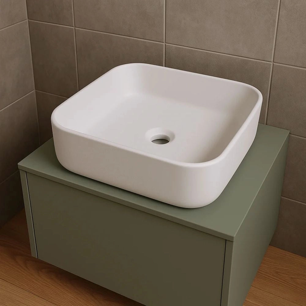 Lavabo d'appoggio ceramica bianco quadrato lavandino bagno dimensioni cm 38,5x38,5x14 *** finitura- opaco, confezione 1