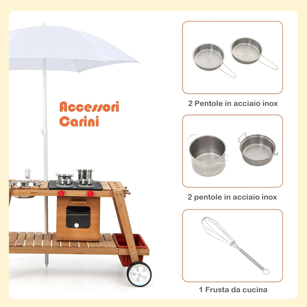 Cucina Giocattolo per Bambini, Cucina da Esterno in Legno con Ombrellone Antisolare e Ruote, Carretto con Stufa, Forno a Legna Simulato, Lavello e Utensili da Cucina, 3 Anni+ (Bianco)
