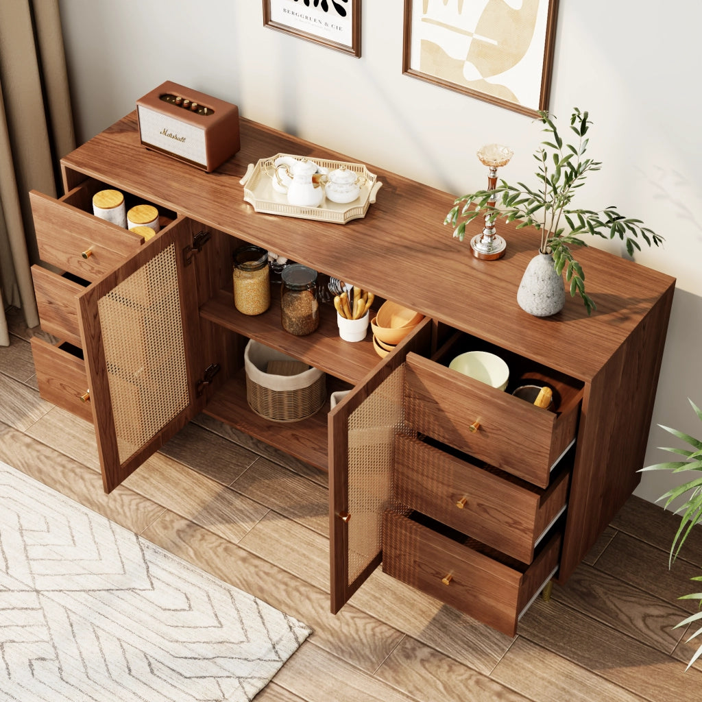 CREDENZA 160x40x90 cm in MDF colore legno con ante in rattan