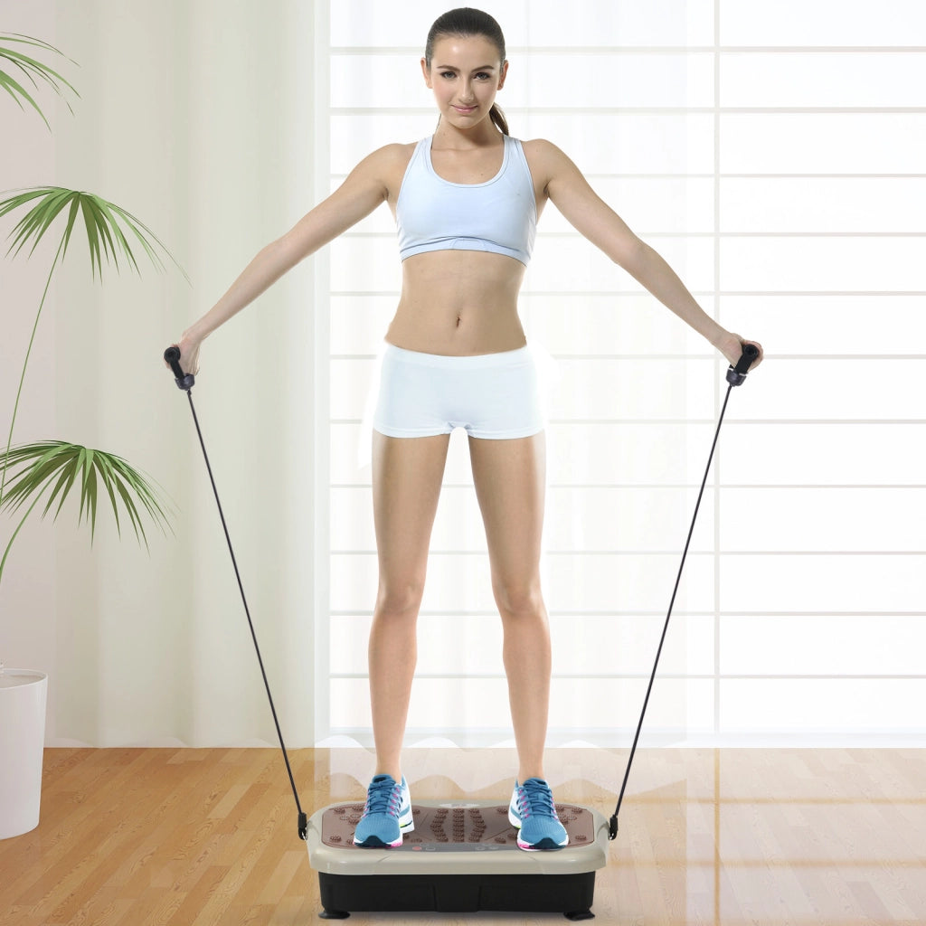 Piattaforma vibrante fitness con 99 livelli, display LED, USB e bande elastiche, beige