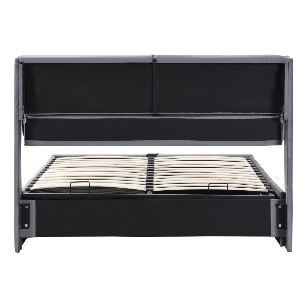 Letto imbottito 140x190 cm in velluto grigio con contenitore idraulico, 3 cassetti, rete a doghe e testiera