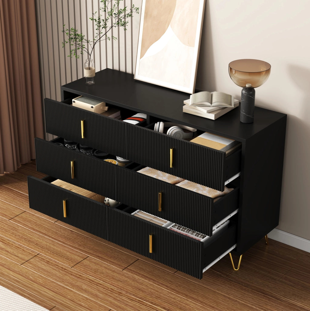 Credenza moderna a 6 cassetti 120x40x77 cm in truciolare nero e oro