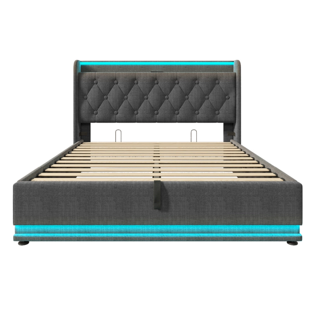 Letto matrimoniale 160x200 cm con LED 360°, contenitore idraulico, porta USB e Type-C, grigio, senza materasso