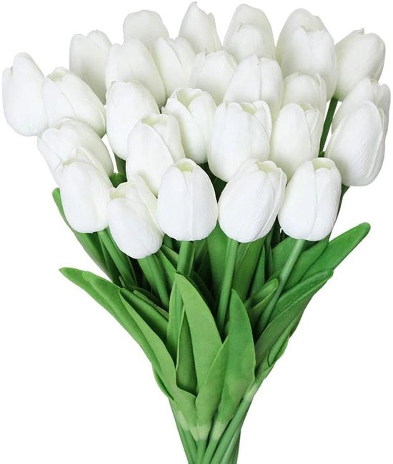 10 Kunstfiori di Tulipano - Decorazioni per Vaso, Matrimonio, Festa, Casa - 33 cm - Bianco