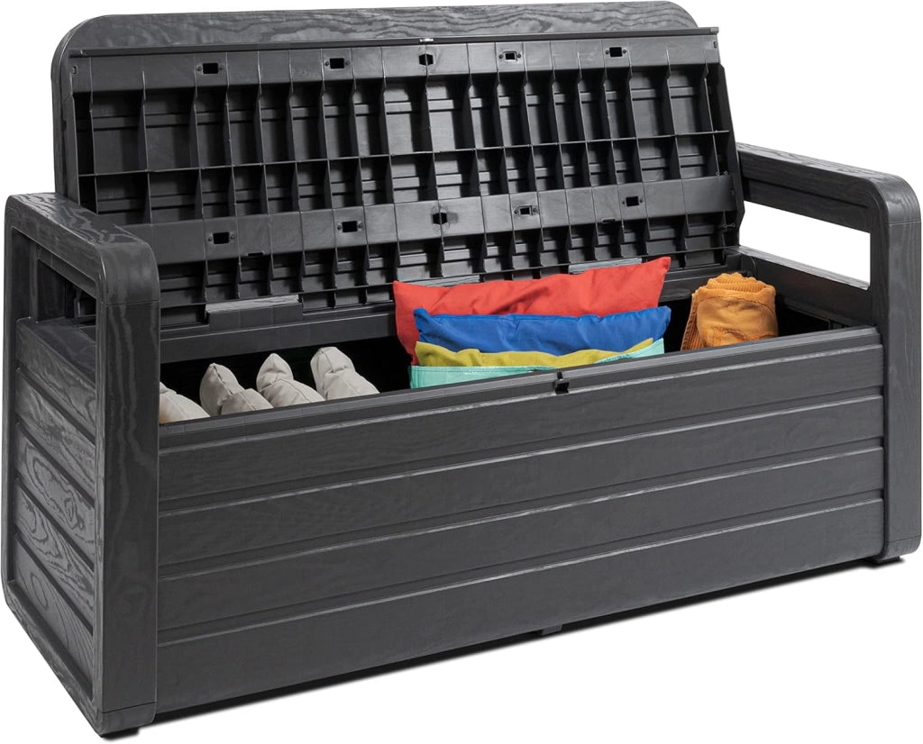 Panchina da esterno Foreverspring con baule portaoggetti 270 litri effetto legno colore nero antracite Toomax
