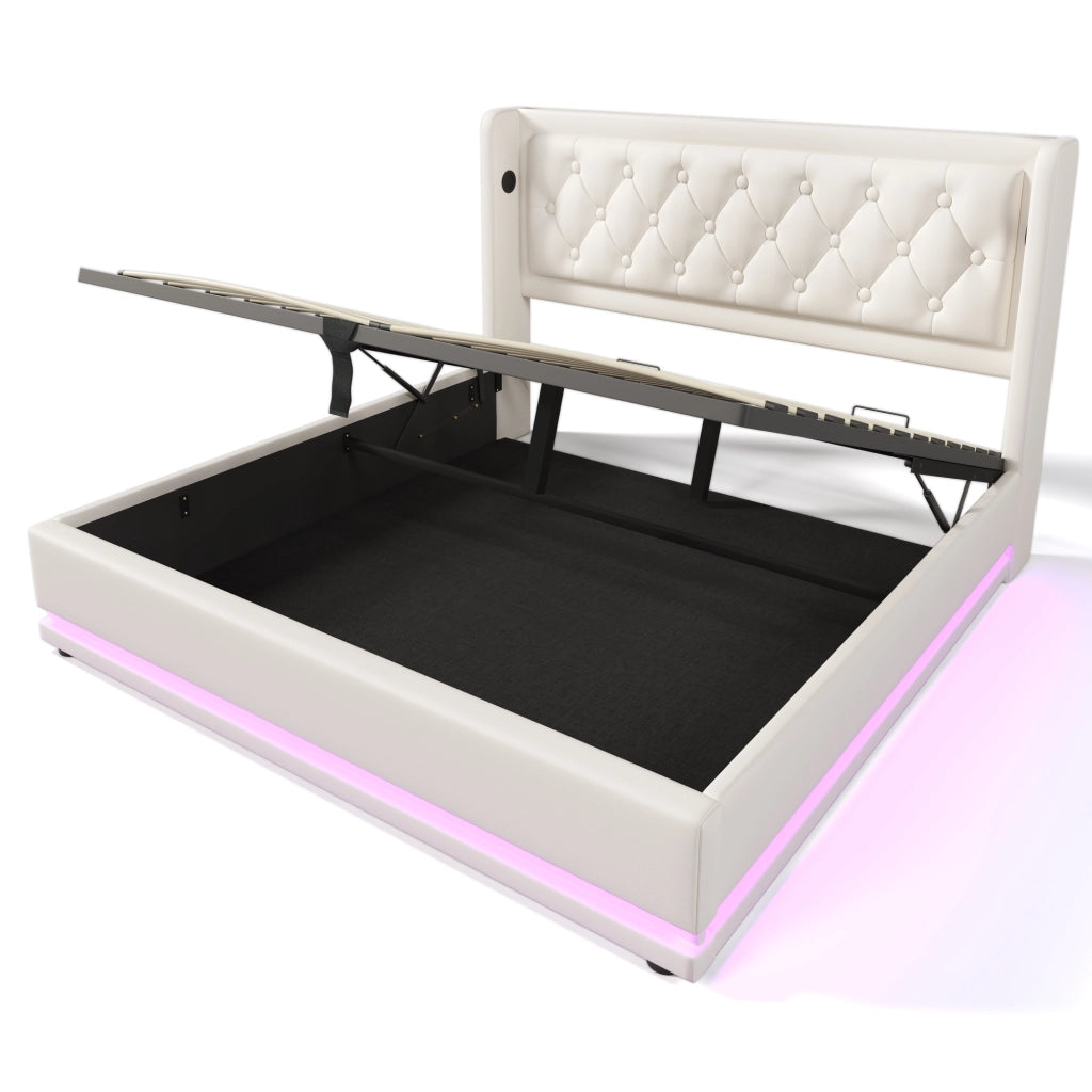 Letto imbottito 160x200 cm in PU bianco con contenitore idraulico, testiera con USB e LED a 3 lati