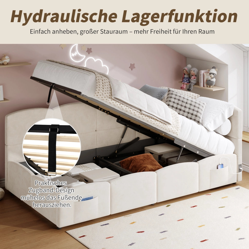 Letto singolo imbottito 90x200 cm con vano contenitore e USB