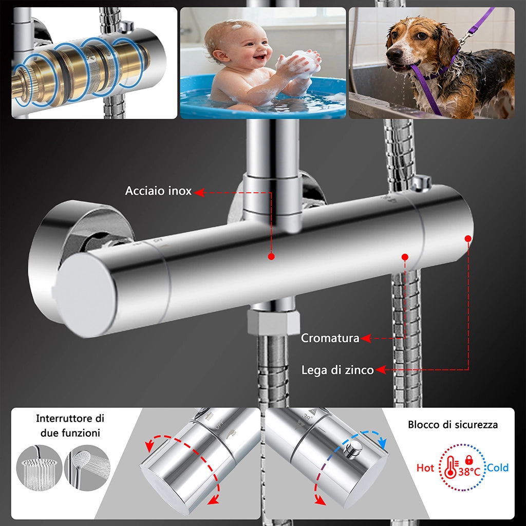 Colonne doccia cromo, soffione doccia rotondo da 20cm acciaio inox, miscelatore termostatico doccia tondo antiscottature