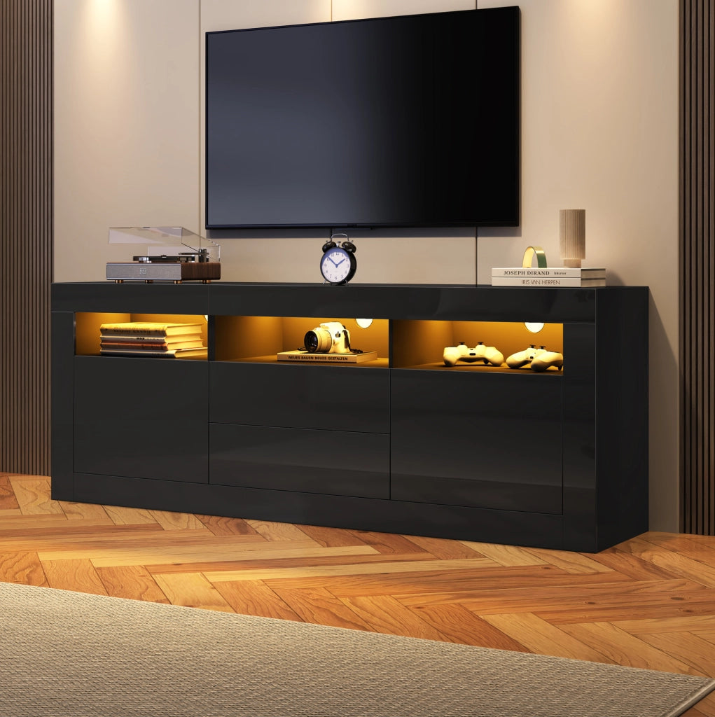 Mobile TV ULEVR 160x35x60 cm nero con LED Bluetooth, 2 ante, 2 cassetti e 3 vani aperti