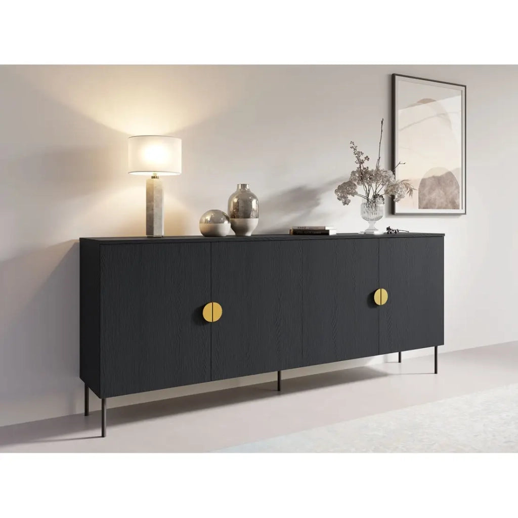Buffet 4 porte MONDO – Nero opaco, piedi in metallo e maniglie dorate – Design moderno