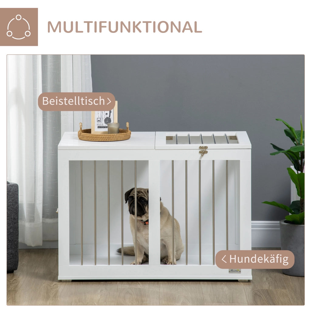 Cuccia per cani con due porte e fondo rialzato, struttura in MDF e acciaio, bianco, 80 × 50 × 56,5 cm