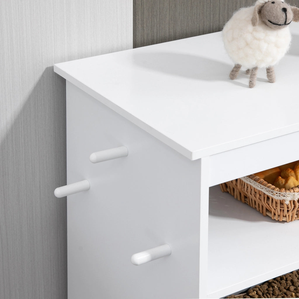 Stazione pappa per animali con vano contenitore, ripiano aperto e cassetto estraibile, 61 x 35,5 x 82 cm, bianco