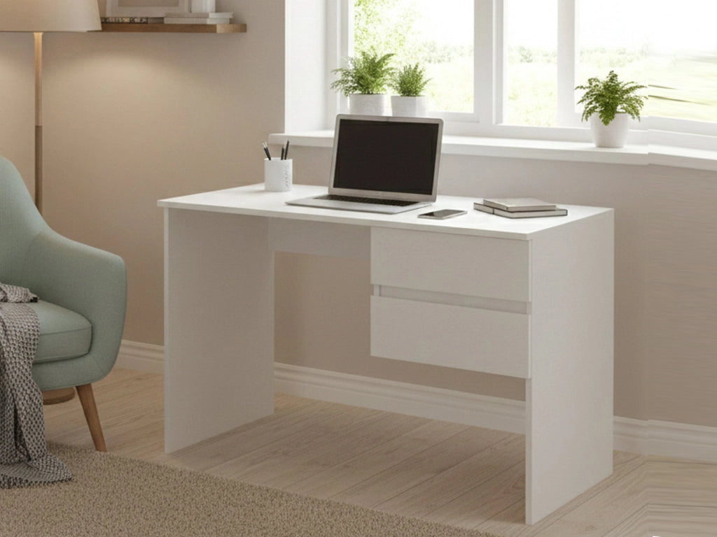 Scrivania Zimone, Scrittoio lineare con 2 cassetti, Tavolo da studio multiuso e salvaspazio, 100% Made in Italy, 110x53h76 cm, Bianco