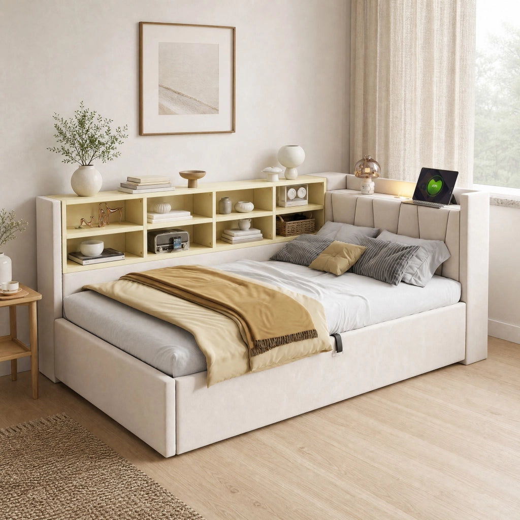 LETTO Contenitore 90x200 cm in Velluto Beige con testiera multifunzione