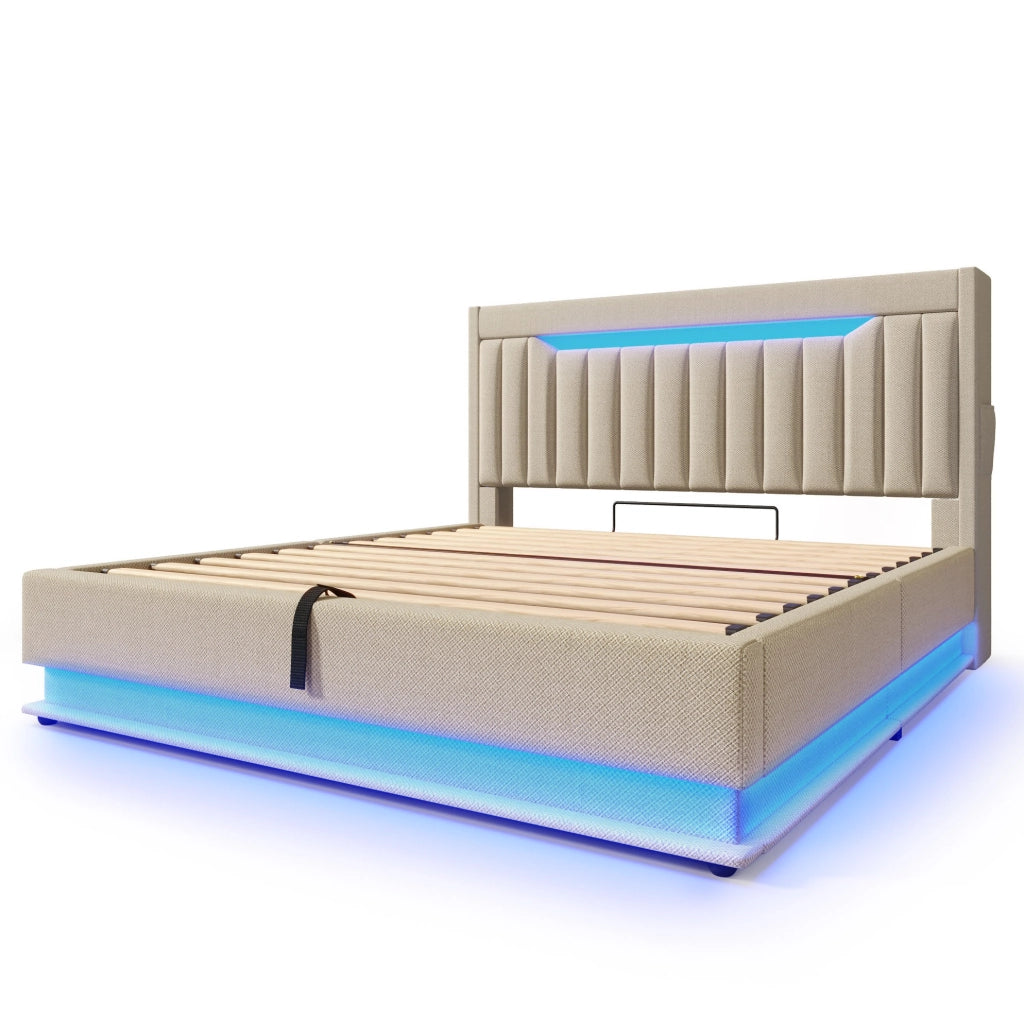 Letto 160x200 cm con contenitore idraulico; LED; USB e Type-C; in lino beige con materasso