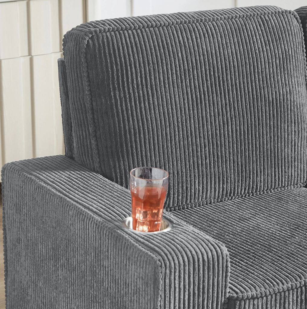 Divano 3 posti in tessuto corduroy grigio con portabicchieri; 206 x 72 x 86 cm