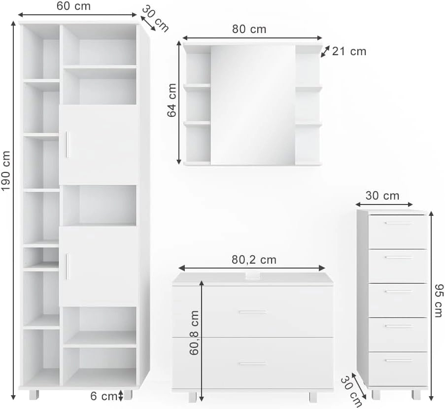 Set mobili bagno Ilias, Bianco, 80.2 cm, composto da mobile lavabo, pensile a specchio, colonna e base media