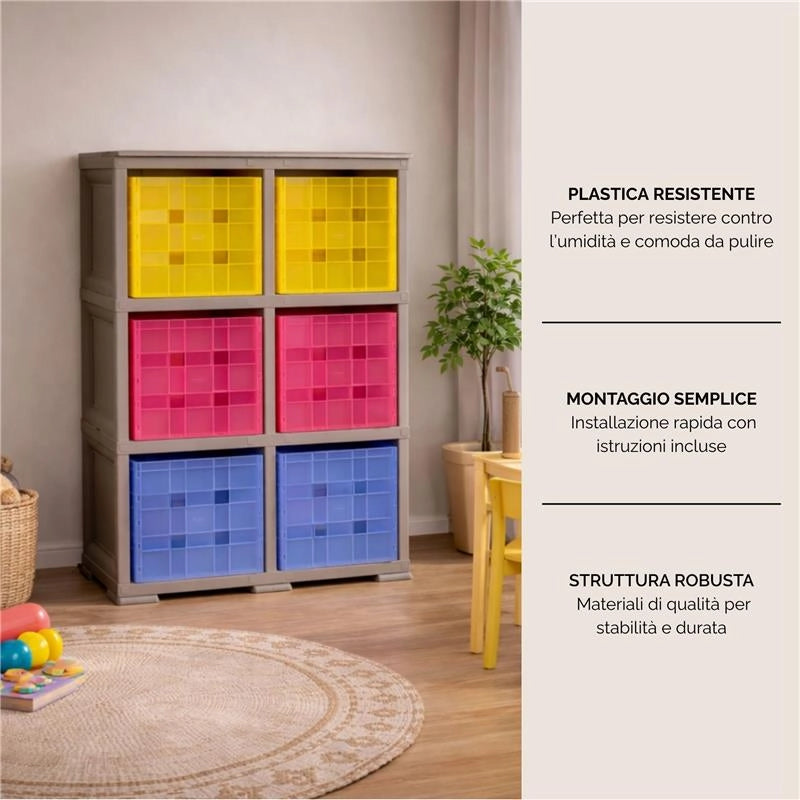 SCAFFALE 2 MODULI TALPA 79X41X125 CM CON 6 CONTENITORI CUBO A SCORRIMENTO – LIBRERIA ORGANIZZATORE VERTICALE PER CAMERETTA E ZONA STUDIO