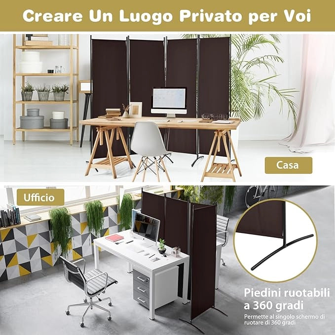 Paravento da Interno in Metallo, Separé Divisorio Interno Pieghevole con Piedini Stabili, Pannelli Divisori per Interni per Casa e Ufficio (Marrone, 220 x 173 cm (4 Pannelli))