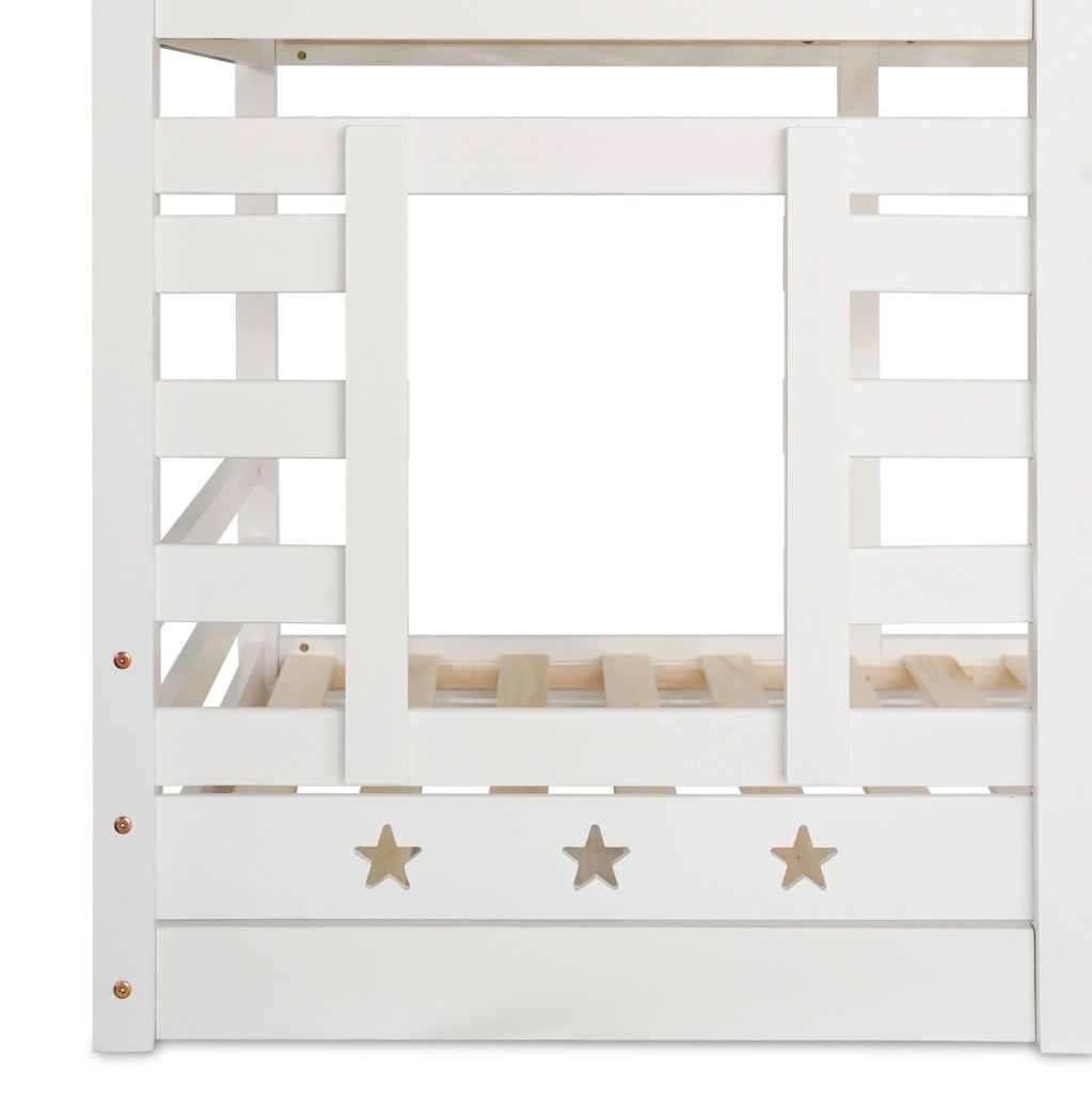 Letto a castello a casetta con scala contenitore e cassetti; 90x200 cm in legno bianco